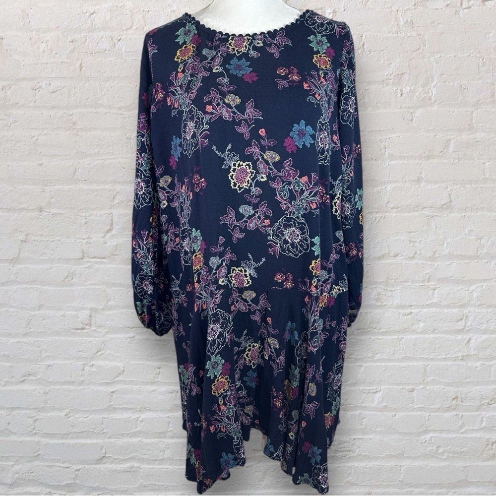 🌸Xhilaration- Blue Floral Drop Waist Split Long Sleeve Shirt Dress- Size XXL